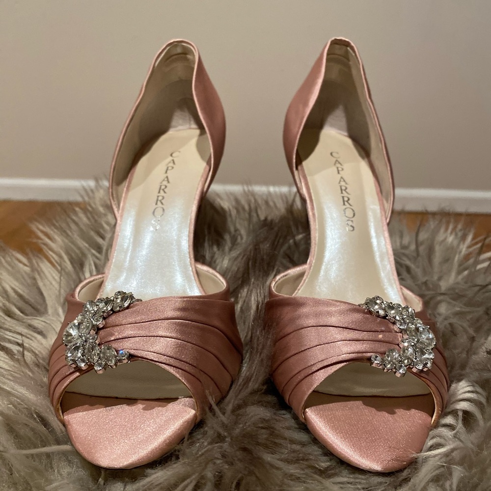 Caparros Satin blush pink open toe 8.5 formal wedding 3inch heels, shoes